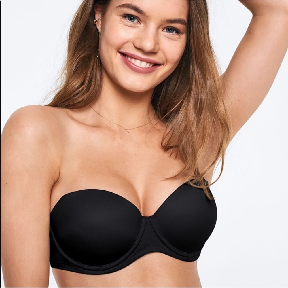 PINK Victoria’s Secret Strapless Push Up Bra Sz 34DD Black